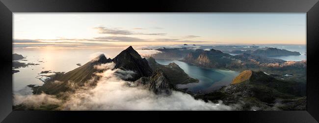 Stortinden Mountain aerial flakstadoya Lofoten islands Framed Print by Sonny Ryse
