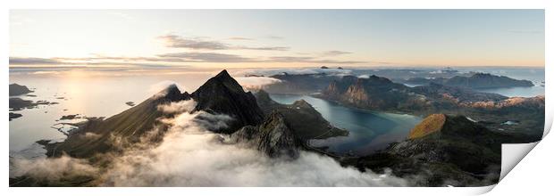 Stortinden Mountain aerial flakstadoya Lofoten islands Print by Sonny Ryse