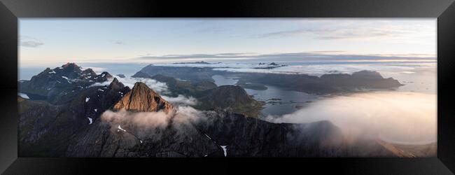 Stortinden Mountain Cloud inversion aerial flakstadoya Lofoten islands Framed Print by Sonny Ryse