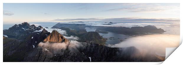 Stortinden Mountain Cloud inversion aerial flakstadoya Lofoten islands Print by Sonny Ryse