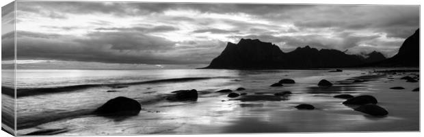 Uttakleiv Beach Black and white Lofoten Islands Canvas Print by Sonny Ryse