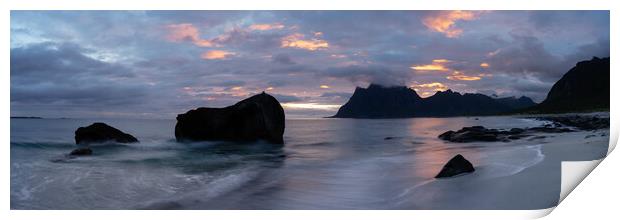 Uttakleiv beach sunrise Vestvagoya Lofoten Islands Print by Sonny Ryse