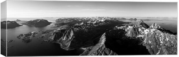 Vagakallen and Kvanndalstinden mountains aerial Lofoten Islands Norway black and white Canvas Print by Sonny Ryse