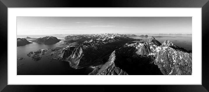 Vagakallen and Kvanndalstinden mountains aerial Lofoten Islands Norway black and white Framed Mounted Print by Sonny Ryse