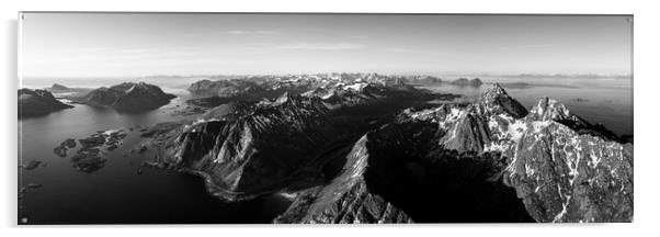 Vagakallen and Kvanndalstinden mountains aerial Lofoten Islands Norway black and white Acrylic by Sonny Ryse