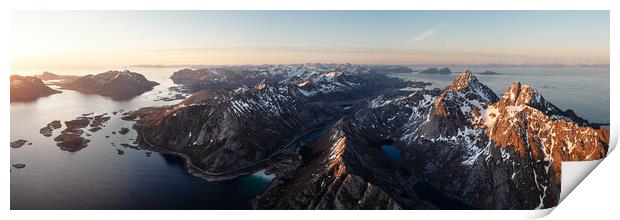 Vagakallen and Kvanndalstinden mountains aerial Austvagoy island Lofoten Islands Norway Print by Sonny Ryse