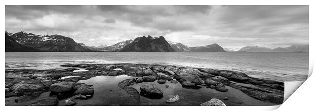 Vestvagoya island coast lofoten islands black and white 2 Print by Sonny Ryse