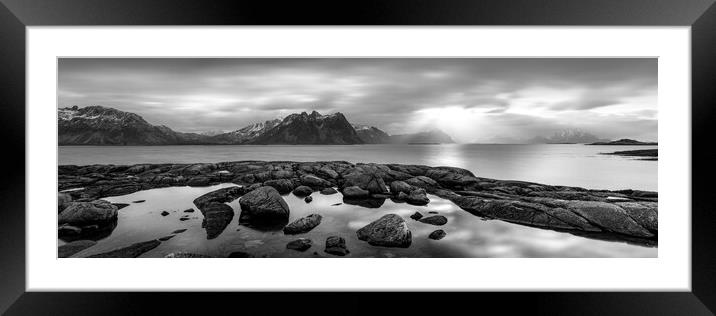 Vestvagoya island coast lofoten islands black and white Framed Mounted Print by Sonny Ryse