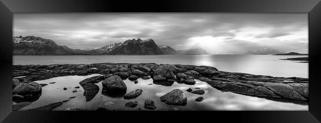 Vestvagoya island coast lofoten islands black and white Framed Print by Sonny Ryse