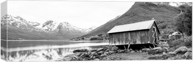 Wonky Norwegian Hut Sorfjorden Fjord Troms Norway Black and whit Canvas Print by Sonny Ryse
