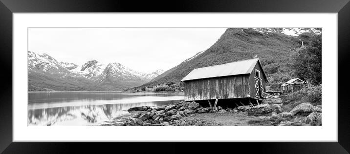 Wonky Norwegian Hut Sorfjorden Fjord Troms Norway Black and whit Framed Mounted Print by Sonny Ryse