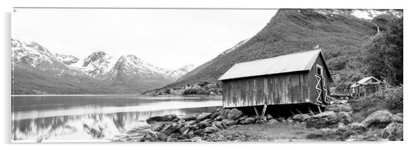 Wonky Norwegian Hut Sorfjorden Fjord Troms Norway Black and whit Acrylic by Sonny Ryse