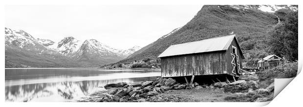 Wonky Norwegian Hut Sorfjorden Fjord Troms Norway Black and whit Print by Sonny Ryse