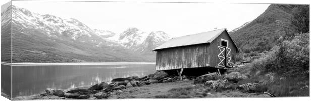 Wonky Norwegian Hut Sorfjorden Fjord Troms Norway Black and whit Canvas Print by Sonny Ryse