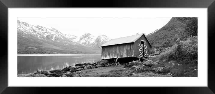 Wonky Norwegian Hut Sorfjorden Fjord Troms Norway Black and whit Framed Mounted Print by Sonny Ryse