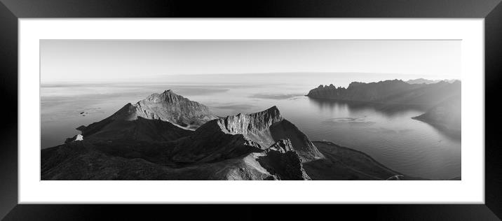 Husfjellet mountain aerial Steinfjorden Senja Island Norway black and white Framed Mounted Print by Sonny Ryse
