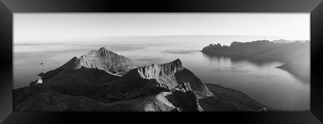 Husfjellet mountain aerial Steinfjorden Senja Island Norway black and white Framed Print by Sonny Ryse