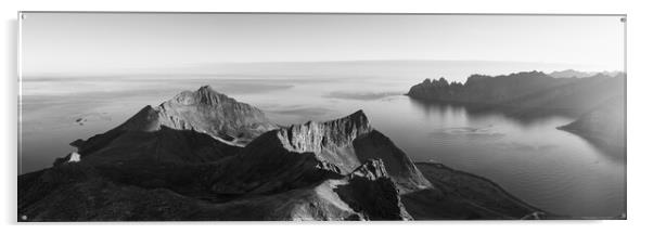 Husfjellet mountain aerial Steinfjorden Senja Island Norway black and white Acrylic by Sonny Ryse