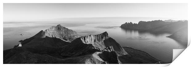 Husfjellet mountain aerial Steinfjorden Senja Island Norway black and white Print by Sonny Ryse