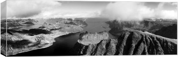 Senja island segla Grytetippen mountains Oyfjorden aerial black and white Canvas Print by Sonny Ryse