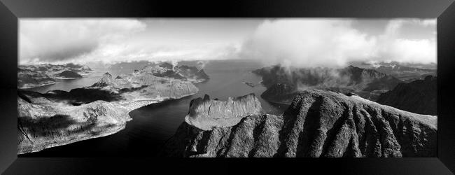 Senja island segla Grytetippen mountains Oyfjorden aerial black and white Framed Print by Sonny Ryse