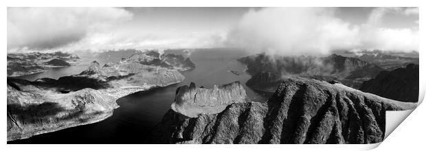 Senja island segla Grytetippen mountains Oyfjorden aerial black and white Print by Sonny Ryse