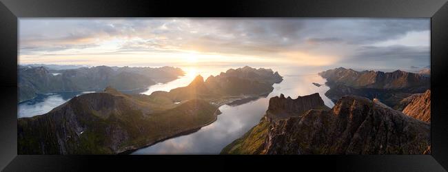 Senja island segla Grytetippen mountains Oyfjorden aerial sunset arctic circle norway Framed Print by Sonny Ryse