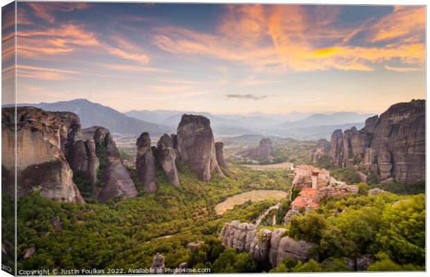 Meteora Sunset, Greece. Canvas Print by Justin Foulkes
