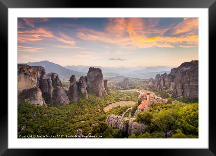 Meteora Sunset, Greece. Framed Mounted Print by Justin Foulkes