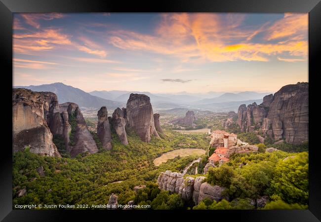 Meteora Sunset, Greece. Framed Print by Justin Foulkes