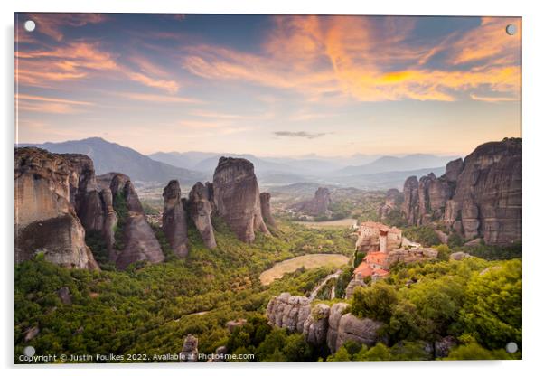 Meteora Sunset, Greece. Acrylic by Justin Foulkes