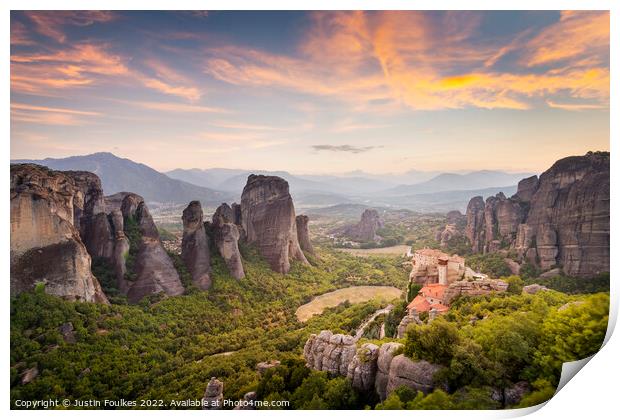 Meteora Sunset, Greece. Print by Justin Foulkes