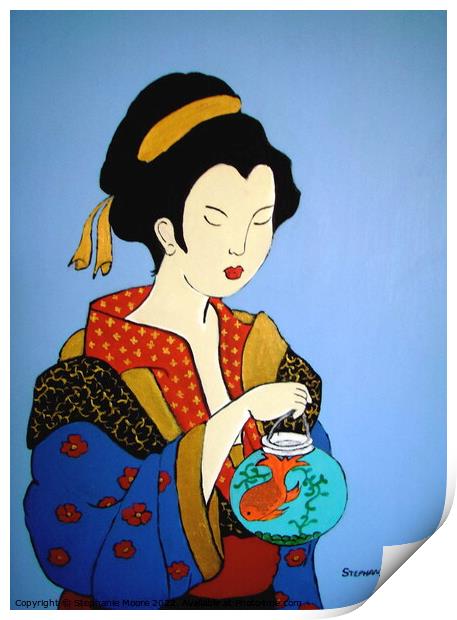 Geisha with goldfish Print by Stephanie Moore