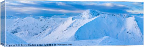 Winter panorama of Ben Nevis from Aonach Mor, Scot Canvas Print by Justin Foulkes