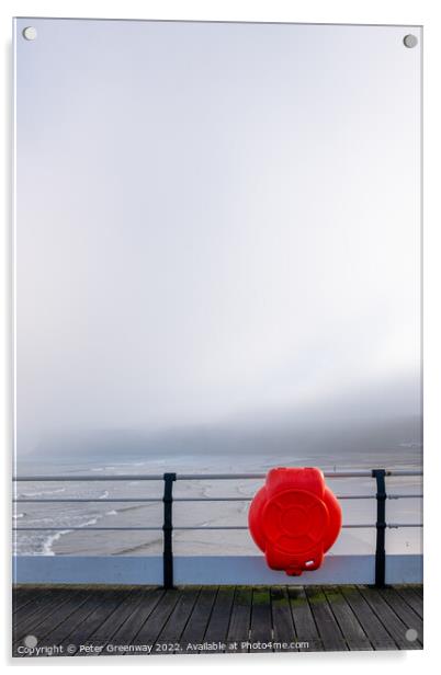 Orange Life Saving Ring On The Pier Railings At Saltburn-by-the- Acrylic by Peter Greenway
