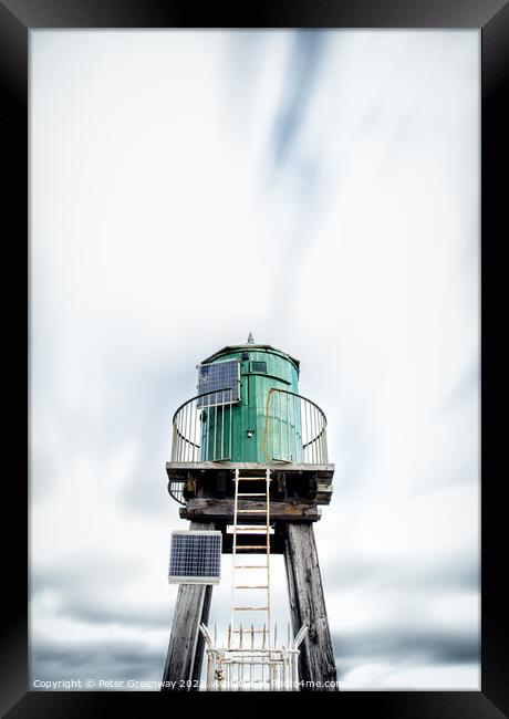 The Green Shipping Light House At The End Of The Pier At Whitby  Framed Print by Peter Greenway
