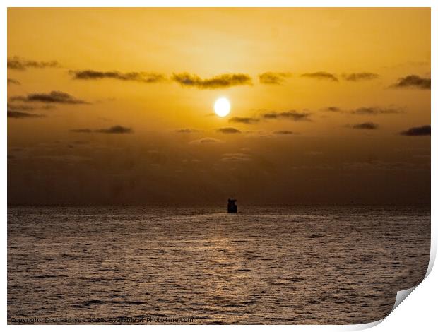 Ship Sailing into Sunset Print by chris hyde