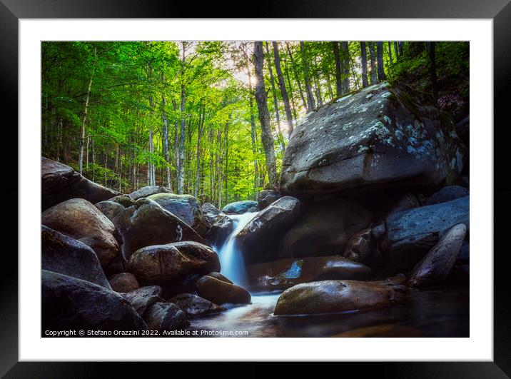 Abetone, stream waterfall inside a forest. Apennines, Tuscany Framed Mounted Print by Stefano Orazzini
