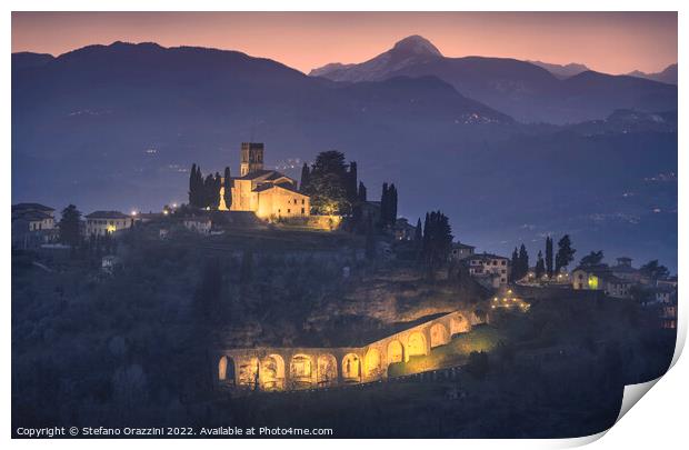 Barga town and Alpi Apuane mountains in winter. Tuscany Print by Stefano Orazzini