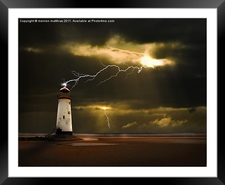 lighthouse and lightning storm Framed Mounted Print by meirion matthias