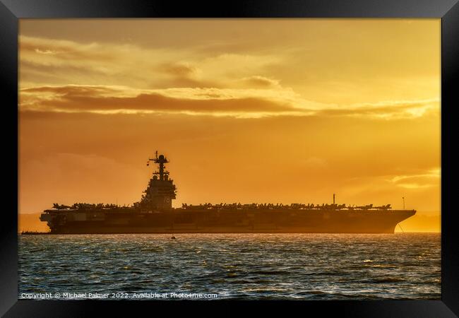 USS Gerald R Ford sunset Framed Print by Michael Palmer
