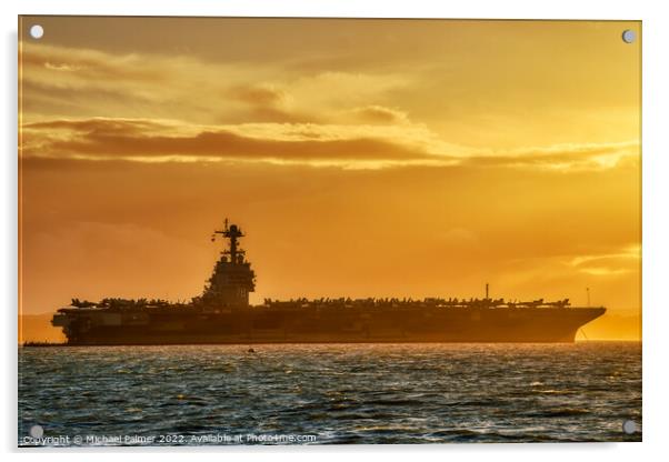USS Gerald R Ford sunset Acrylic by Michael Palmer