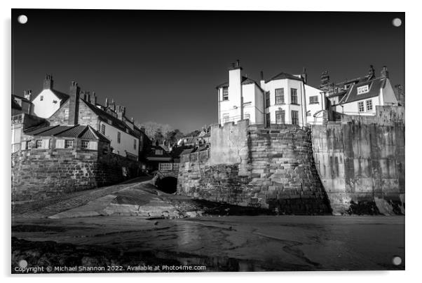 Robin Hoods Bay (Black and White) Acrylic by Michael Shannon