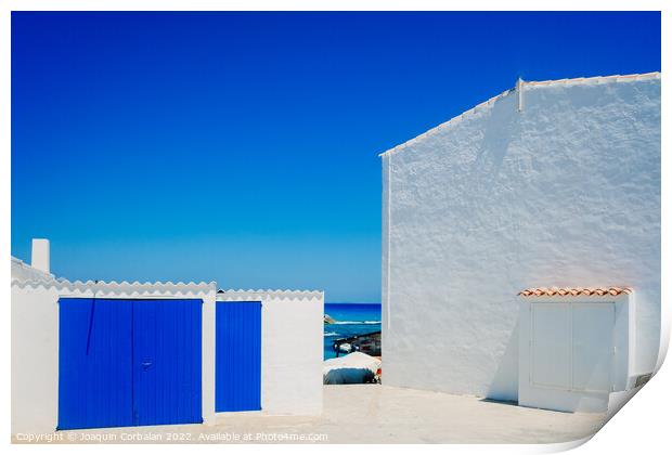 Fisherman's hut with white walls and colorful blue wooden doors  Print by Joaquin Corbalan