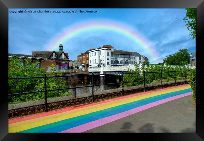 Taunton Tone Bridge and Rainbow Path Framed Print by Alison Chambers
