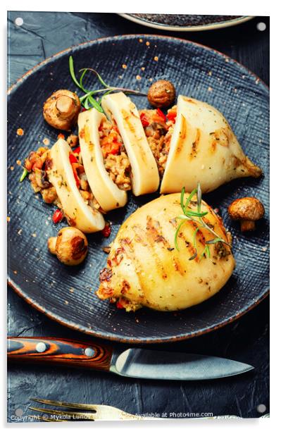 Grilled squid stuffed with vegetables, mediterranean food Acrylic by Mykola Lunov Mykola