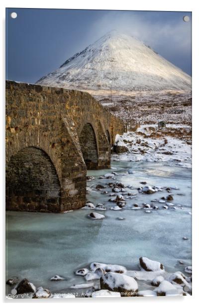 The Old Bridge at Sligachan in Winter, Skye. Acrylic by Barbara Jones