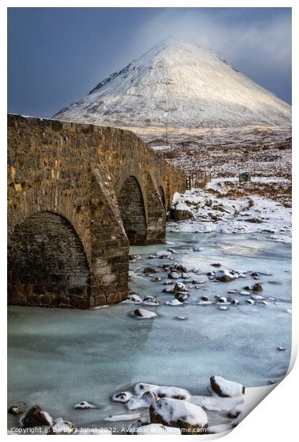 The Old Bridge at Sligachan in Winter, Skye. Print by Barbara Jones