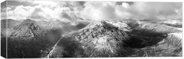 Buachaille Etive Mòr Stob Dearg mountain and Glen Etive aerial Glencoe Scotland Black and white Canvas Print by Sonny Ryse
