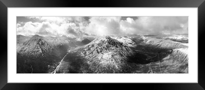 Buachaille Etive Mòr Stob Dearg mountain and Glen Etive aerial Glencoe Scotland Black and white Framed Mounted Print by Sonny Ryse
